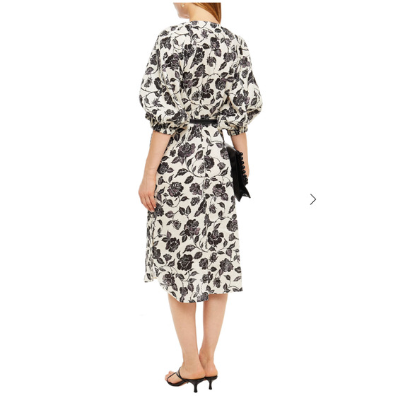 NEW Zimmermann S Lovestruck Floral 100% LINEN Midi Dress Puff Sleeve Black Tan 0 - Picture 4 of 13